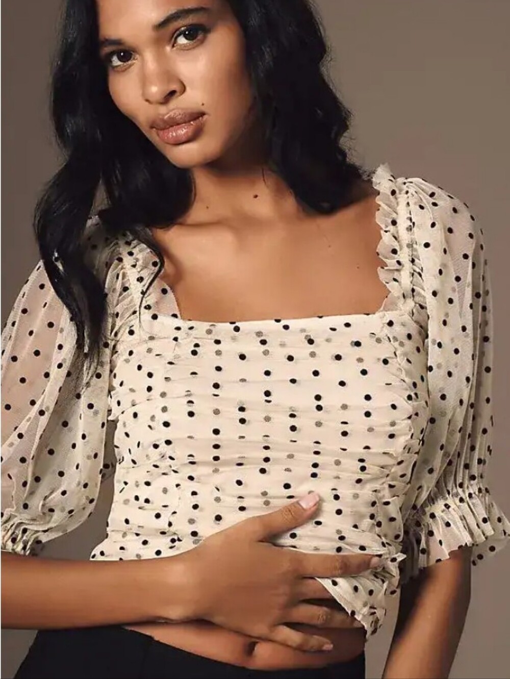 NEW Maeve Short-Sleeve Mesh Ruched Polka Dot Puff Sleeve Square Neck Top Sz M